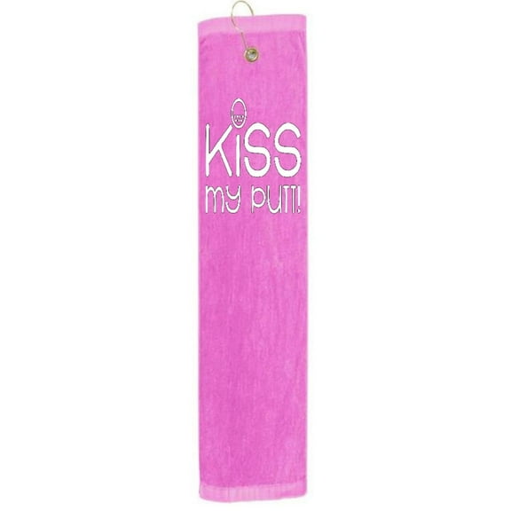 Kiss My Putt!! Girl Woman Tri-fold Golf Towel With Grommet & Hook Club Ball Tee Golfing Gift Birthday Baby Pink 15" x 18"