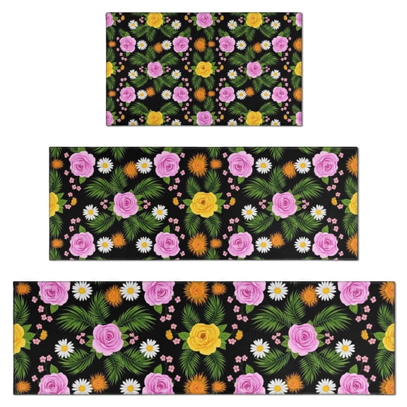 Pioneer Flower Floral Print Pattern Kitchen Rugs Sets Of 3,Kitchen Runner Rugs Non Skid Washable,Decorative Kitchen Floor Mats for Kitchen,Sink,Laundry,17X30 Inch 17X47 Inch 17X59 Inch