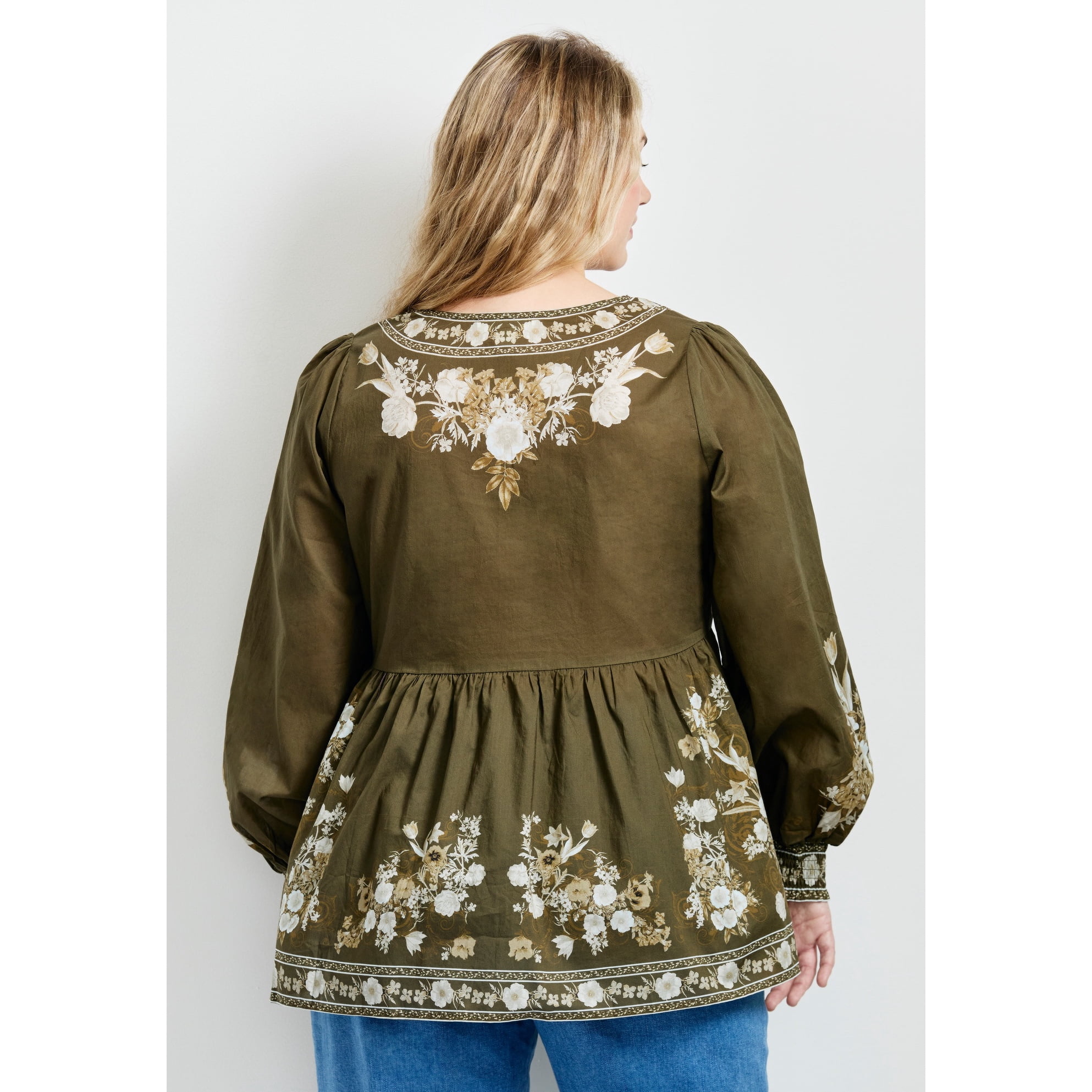 Avenue Plus Size Ethereal Escape Top - Boho Print V-Neck Top, 3/4 Sleeves, 100% Cotton