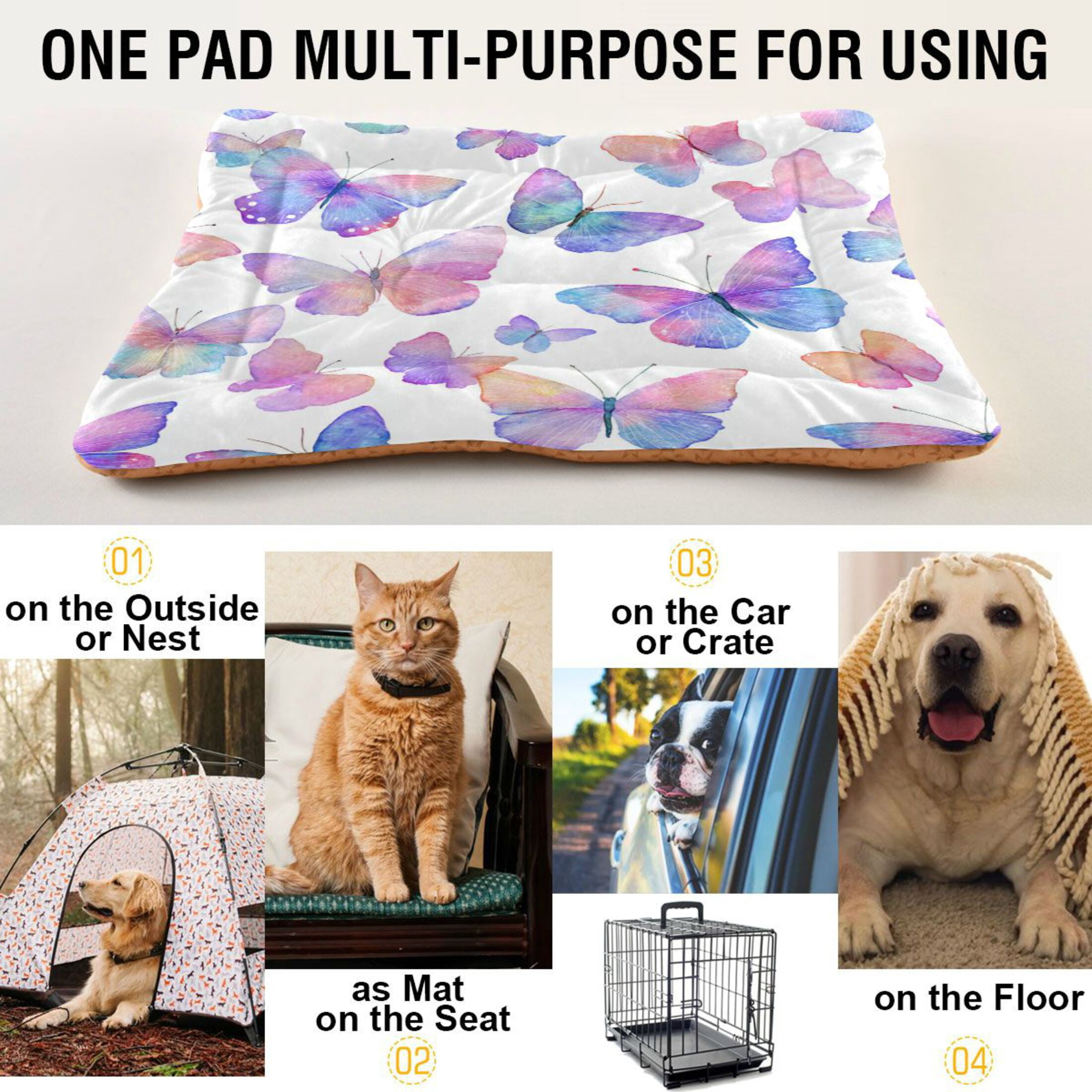 Qxltty Colorful Butterflies Ped Pad Wear-resistant and Hard to Bite Through Sleeping Pad for Small Medium Large Dogs Winter Pet Bed 36×24in
