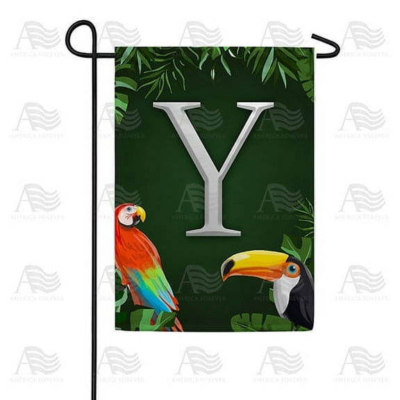 America Forever Tropical Bird Summer Monogram Garden Flag Letter Y 12.5 x 18 inches Parrot Toucan Palm Leaves Double Sided Vertical Outdoor Yard Lawn Decorative Coastal Garden Flag
