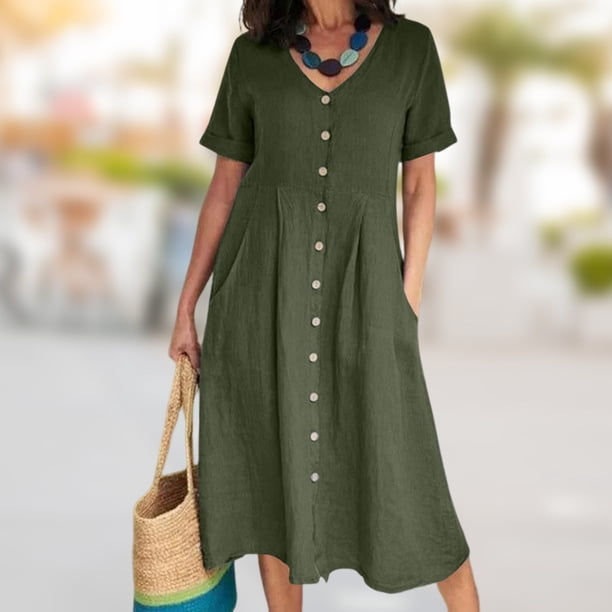 Vestido Largo De Mujer Vestido largo suelto de playa Falda de lino de algodón fruncido de cintura alta (Verde militar XL) Cgtredaw Para estrenar