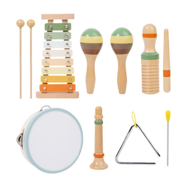 Juego de 6 tipos de instrumentos musicales para niños, xilófono de juguete pandereta, sonda de madera de aprendizaje temprano para regalo de