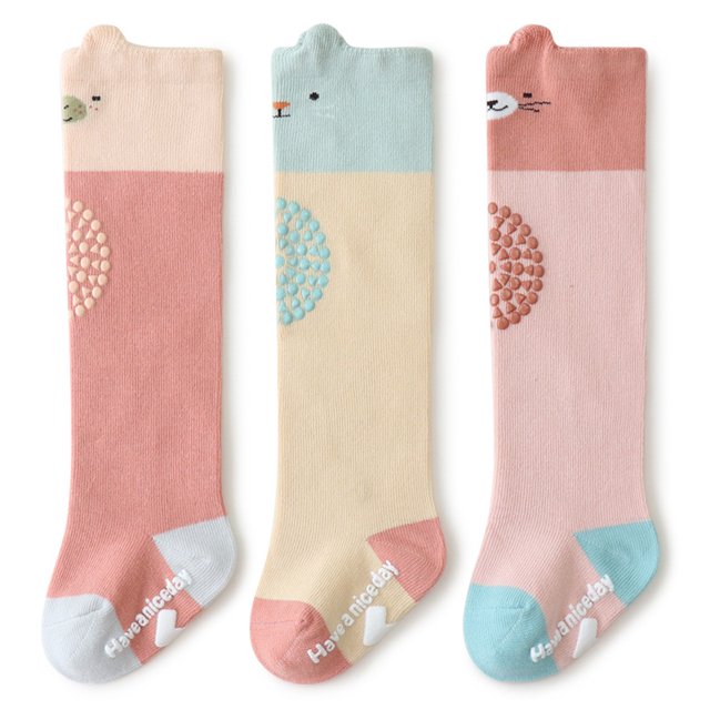 Calcetines antideslizantes para bebé para caminar gatear, 3 pares de calcetines largos antideslizantes hasta la rodilla con agarres para niñas y niños