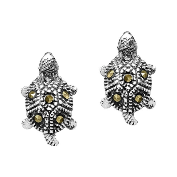 AeraVida Stylish Bohemian Turtles Marcasite Sterling Silver Stud Earrings