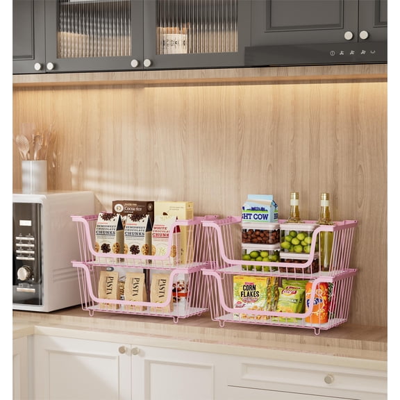 SEENWUUN 4-Pack Stackable Metal Wire Storage Baskets with Foldable Handles, Coated Iron Organizer Bins for Kitchen Pantry Countertop