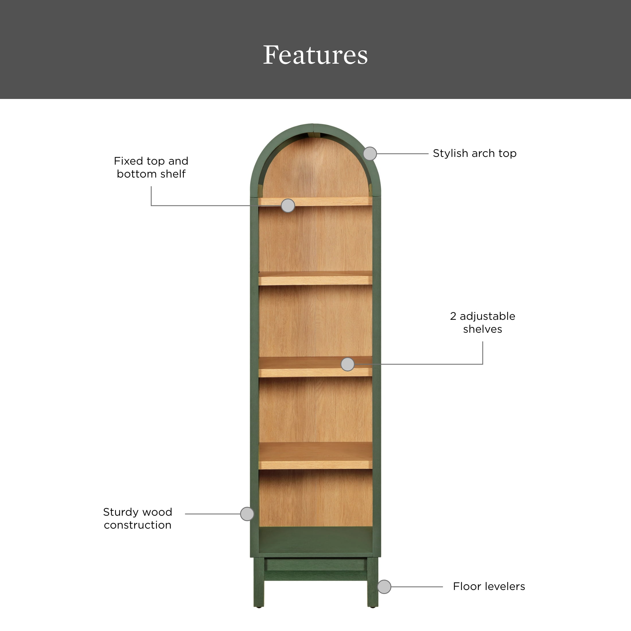 Better Homes & Gardens Juliet Narrow Arch Bookcase, Deep Green and Light Honey