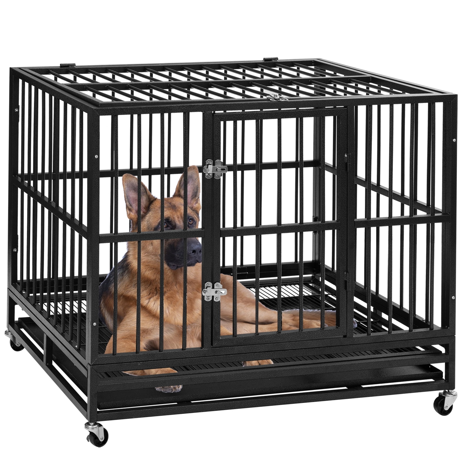 Heavy Duty Steel Dog Crate with Lockable Wheels, Black, Large, 42