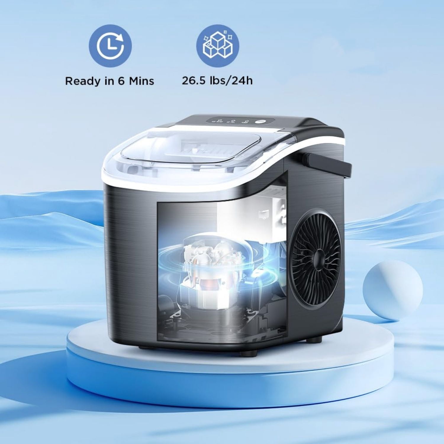 Ice Maker Countertop, Portable Ice Machine with Self-Cleaning, 26.5lbs/24Hrs, 9 Bullet Ice Cubes in 6 Mins, Ice Basket and Scoop, Ideal for Home, Kitchen, Bar, Camping
