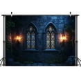 thumbnail image 2 of 5 x 3 ft Medieval Gothic Castle Backdrop, Arched Windows with Stained Glass Dim Horror Light Photography Background, Haunted House Halloween Theme Escape Party Halloween Evil Party Decorations, 2 of 5
