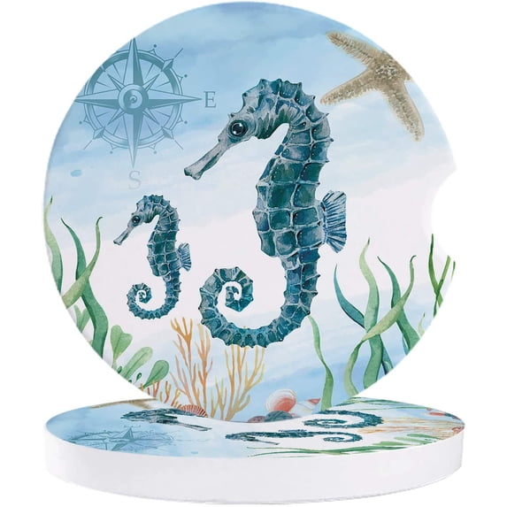 FMSHPON Nautical Theme Hippocampus and Life Set of 6 Car Coaster for Drinks, Absorbent Ceramic Stone Coasters Cup Mat with Cork Base for Home Kitchen Room Coffee Table Bar Decor