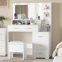 Senfot Vanity Desk Table with Chair, Mirror and 3 Lighting Modes Adjustable Brightness Lights, Makeup Vanity for Bedroom Dresser with Storage Cabinet and 4 Drawers, 4 Storage Shelves,White