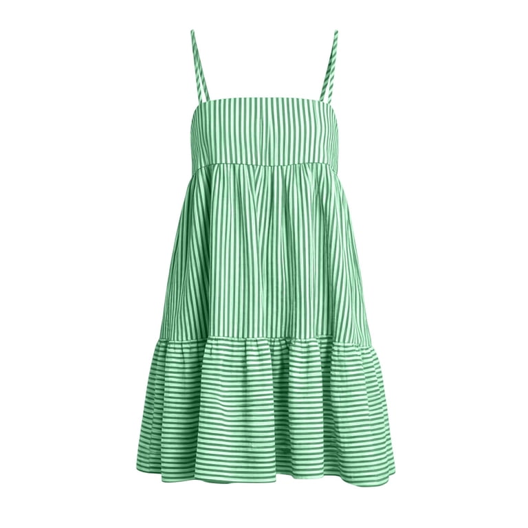 green striped dresses NSLGXD for Women Spaghetti Strap Tiered Mini Dress Casual Loose Fit Beach Sundress Summer A Line Swing Dress with Pockets S-2XL Dress for Women Gathered Waist Dress