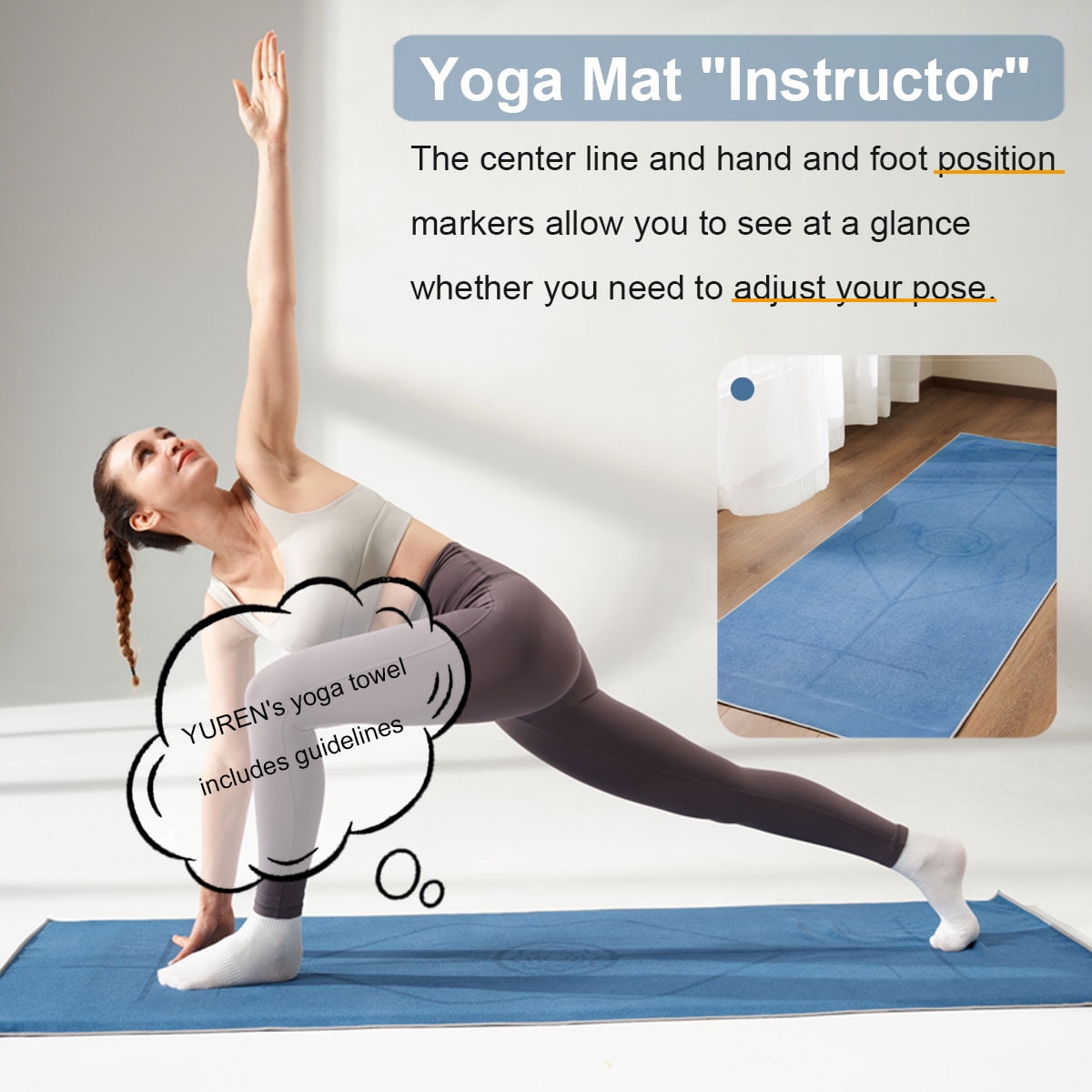 YR Yoga Mat Towel with Alignment Lines, 72''x24'' Non Slip Hot Yoga Towels for Gym Pilates with Carrying Bag, Blue