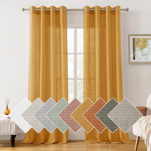 Yellow Linen Sheer Curtains, 96 Inches Long 2 Panels Textured Semi Sheer Curtains Farmhouse Privacy Window Drapes for Bedroom Living Room