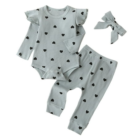

QWERTYU Newborn Infant Baby Toddler Long Sleeve Heart Print Outfits Ruffle Bodysuit and Pants Set Clothing Set with Headband for Girl 0-2Y