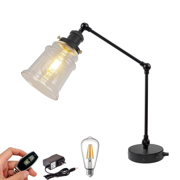 Kiven Cordless Table Lamp with Swing Arm, Dimmable Bedside Lamps for Nightstand with Clear Glass Lampshade, Classic Rechargeable Desk Lamp for Reading Home Decor Bedside