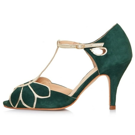 XYD Women Peep Toe T-Strap Butterfly Shaped Sandals Mid Heels Bridal Fancy Dance Ballroom Pumps Shoes Size 7.5 Dark Cyan