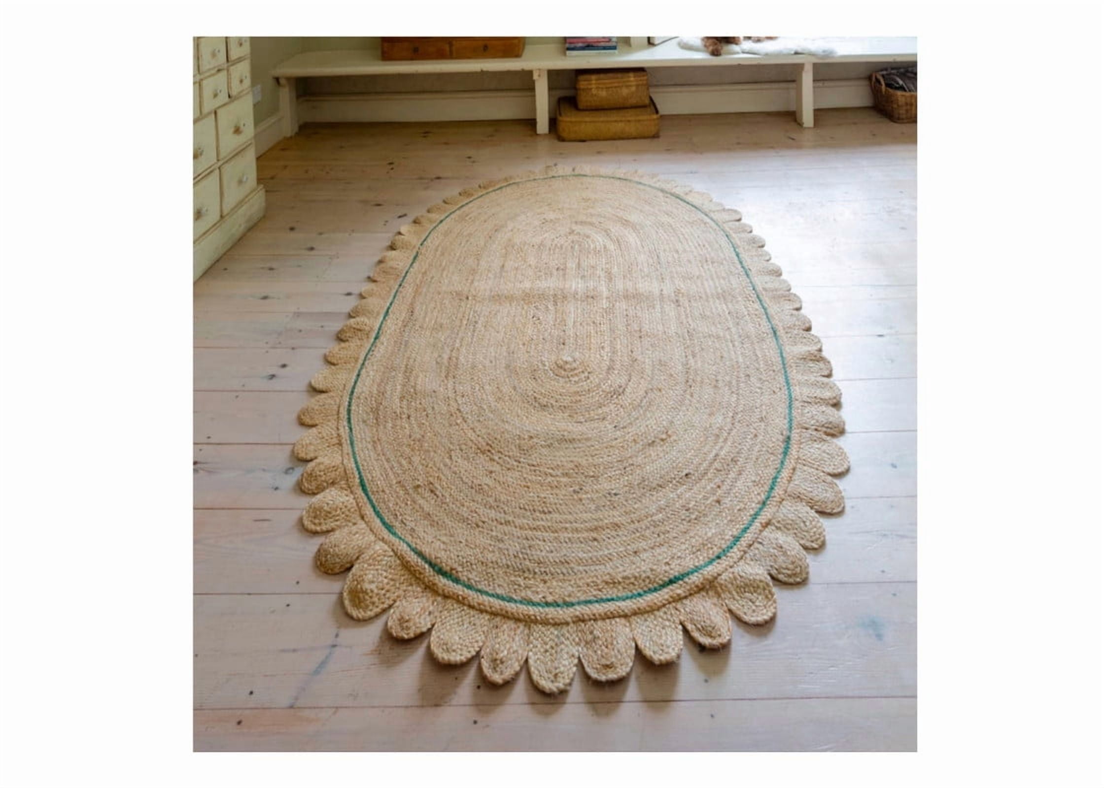 Scalloped Oval Jute Area Rug , Reversible Eco-Friendly Boho Rug for Living Room, Bedroom, Dining Room, Entryway, Kitchen, Green Border Inside, 9 X 12 FT