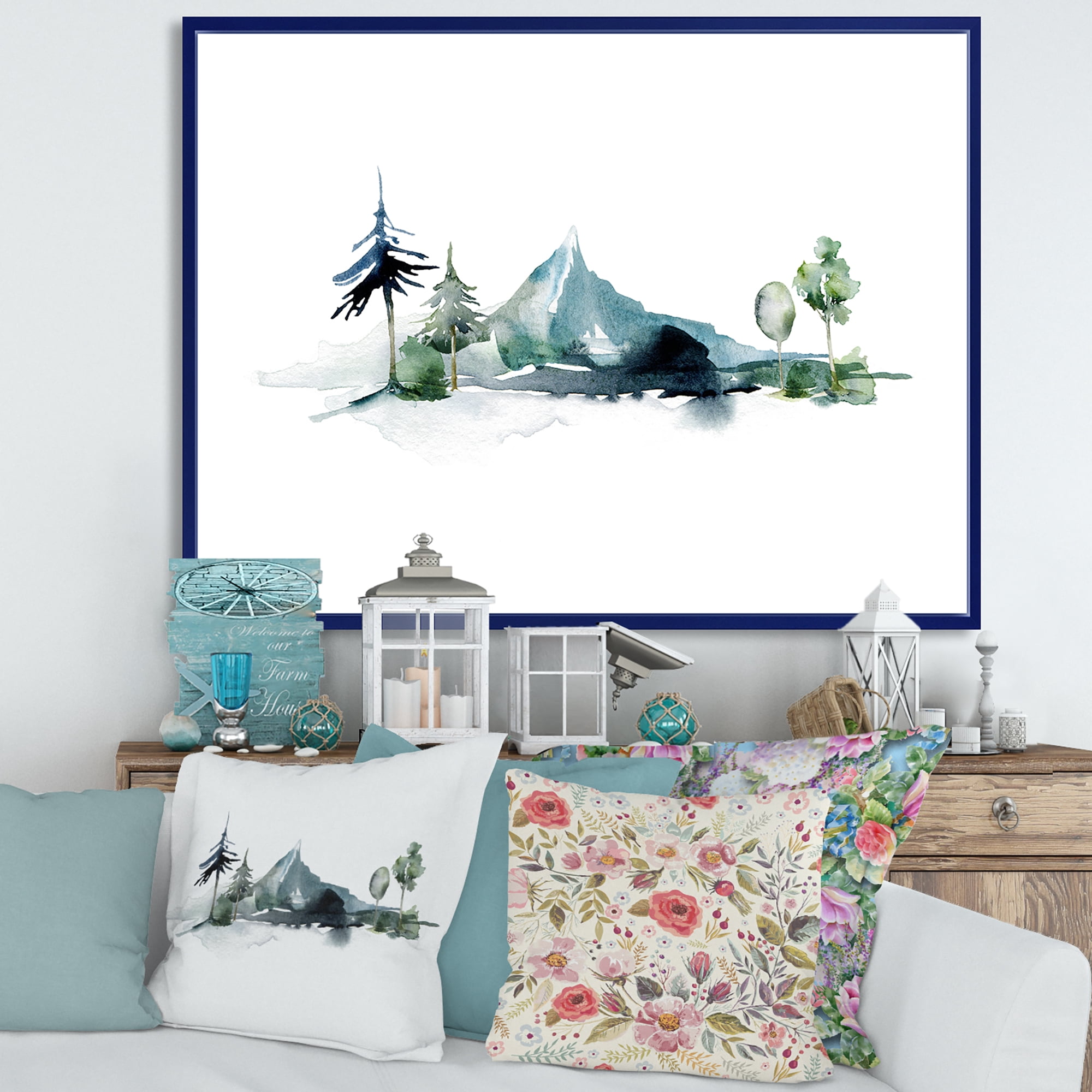 Designart 'Minimalistic Fir Forest and Winter Mountains II' Modern Framed Canvas Wall Art Print