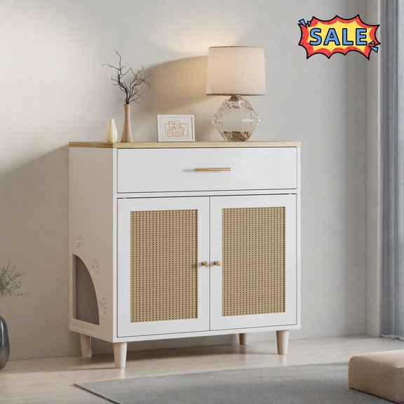 Tcbosik Cat Litter Box Enclosure Furniture, 2-in-1  Cat House & Hidden Washroom Cabinet, End Table Storage Cabinet with Drawer and 2 Doors, White