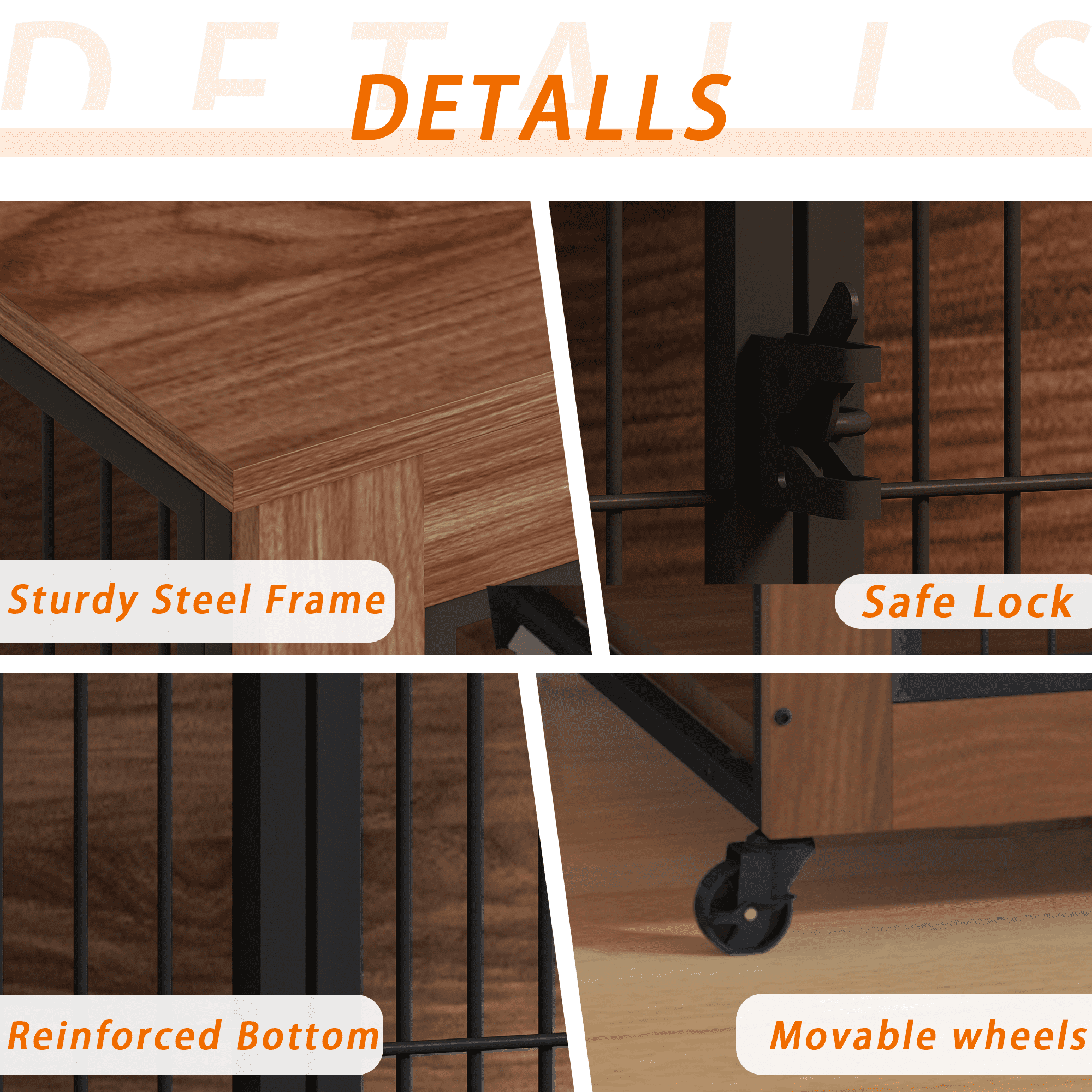 27.2" Dog Crate Furniture with Wheels, Wooden Indoor Pet Kennel End Table, Heavy Duty Double-Door Metal Dog Cage with Brake Casters, Sturdy Breathable Crate for Small Anxious Dogs