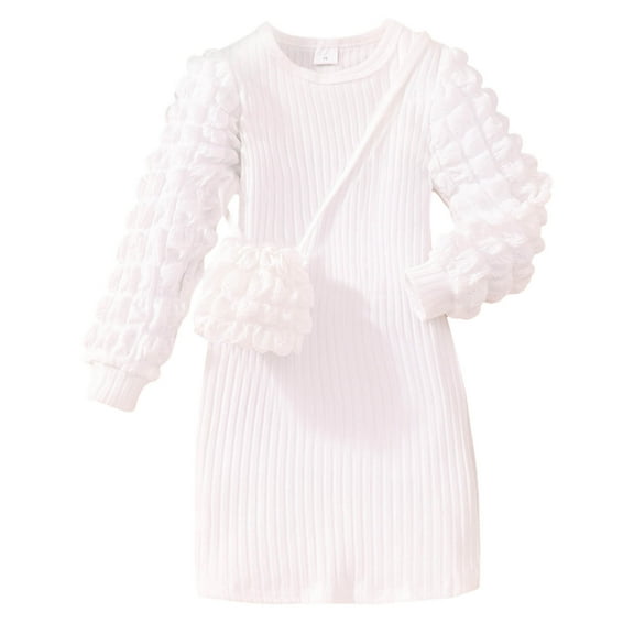 Girls Clothes, Girls Dress Outfits Sets with Crossbody Bag Bubble Long Sleeve Ribbed Pullover Sweater Dress 2-6T Girls Gift (3 Years, White)