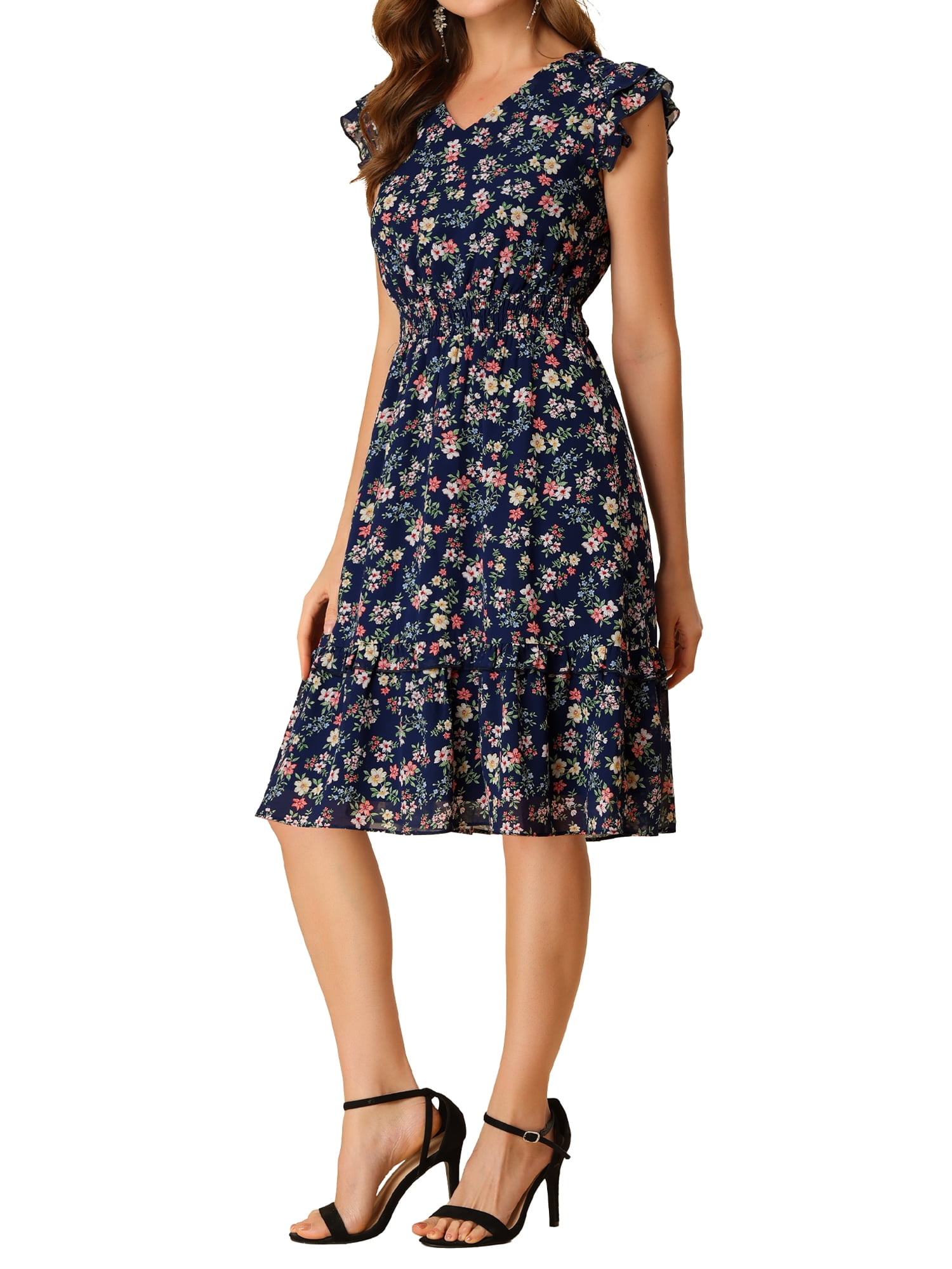 DARING DIVA Floral Flutter Sleeves V Neck Smocked Ruffle Dress M Navy