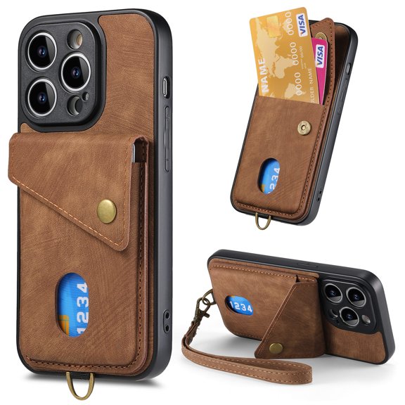 Jiahe Cover for iPhone 14 Plus, Wallet Case with Card Slots,Rugged Shockproof Anti Scratch Kickstand with Hand Strap Wallet Case,Support Magnetic Car Mount, brown
