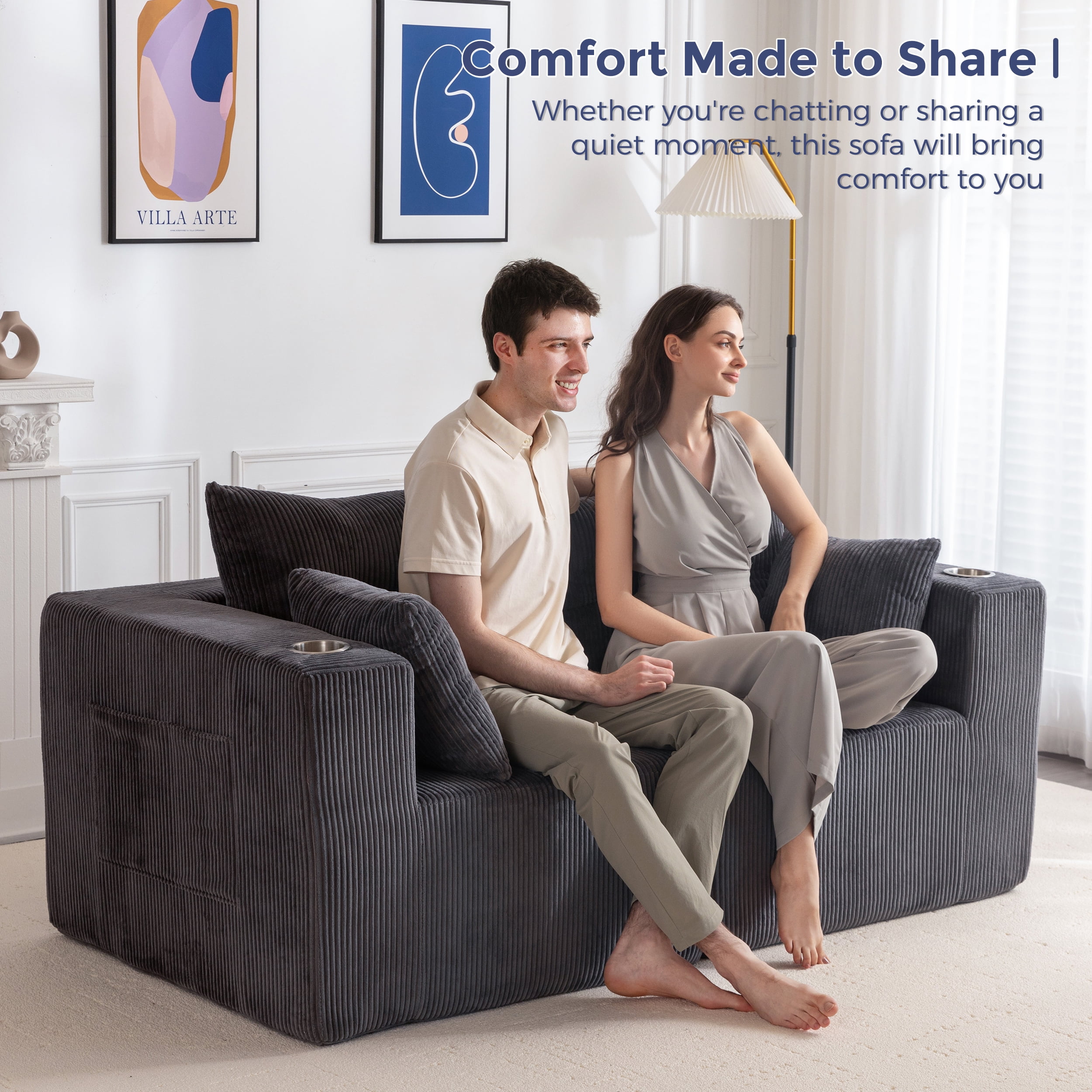 BYBYME Cloud Sectional Couch Loveseat Modern Comfy Modular Corduroy Sofa for Living Room,Tufted 2-Seat Sleeper Chair,Sofa in A Box,No Assembly Required,Grey