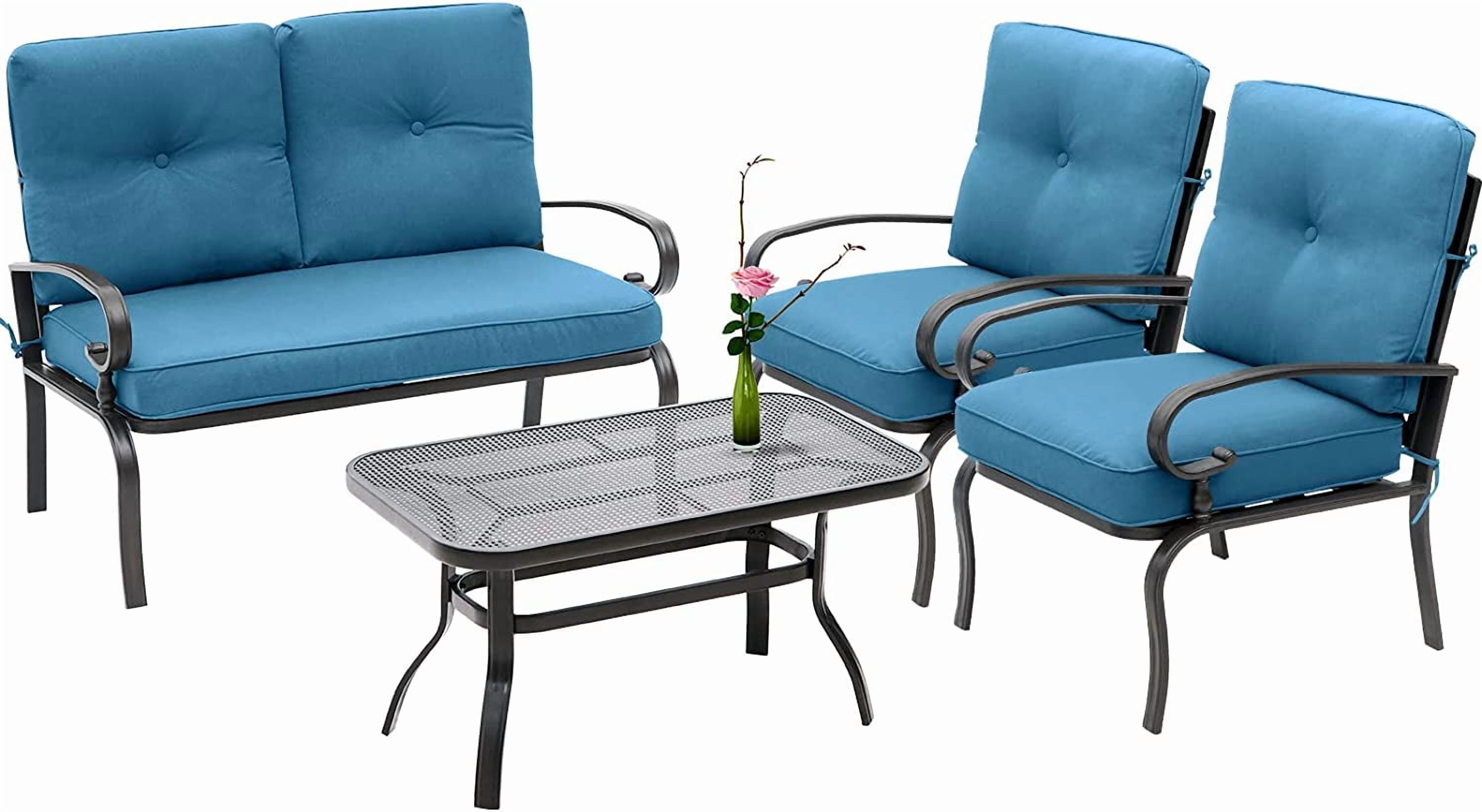 SOLAURA 4-Piece Outdoor Furniture Patio Metal Conversation Set with Peacock Blue Cushions
