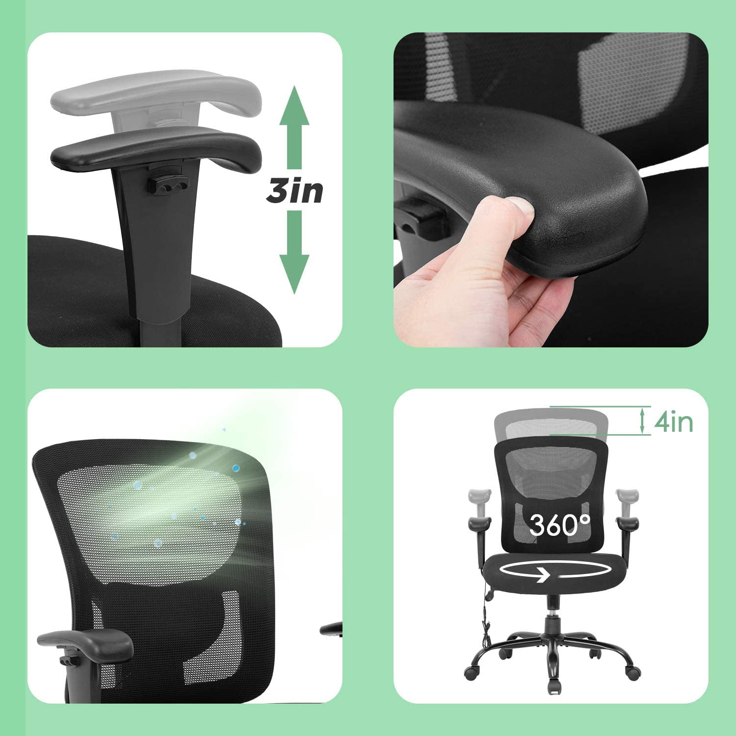 BestOffice Ergonomic Office Chair, Adjustable Arms, Lumbar Support for Women, Men(Black)