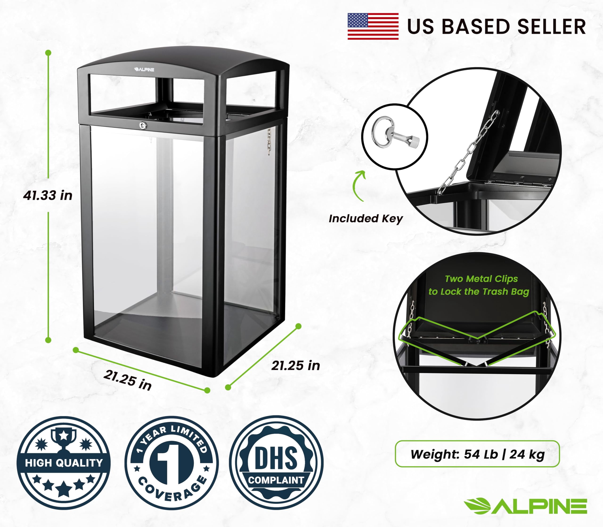 Alpine 40 Gallon Commercial Clear Trash Can with Lid for Outdoor & Indoor - DHS Complaint See Through Security Trash Bin, Transparent Garbage Bin for TSA in Airpot, Train Station, Bus Station, Mall