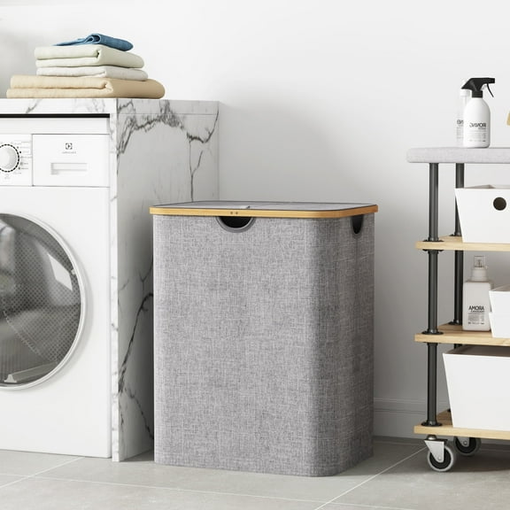 120L Laundry Basket with Lid, Clothes Hampers for Laundry with Bamboo Handles and A Removable Laundry Bag, Large Foldable Laundry Hamper for Bedroom, Bathroom, Dorm, Laundry Room, Light Gray