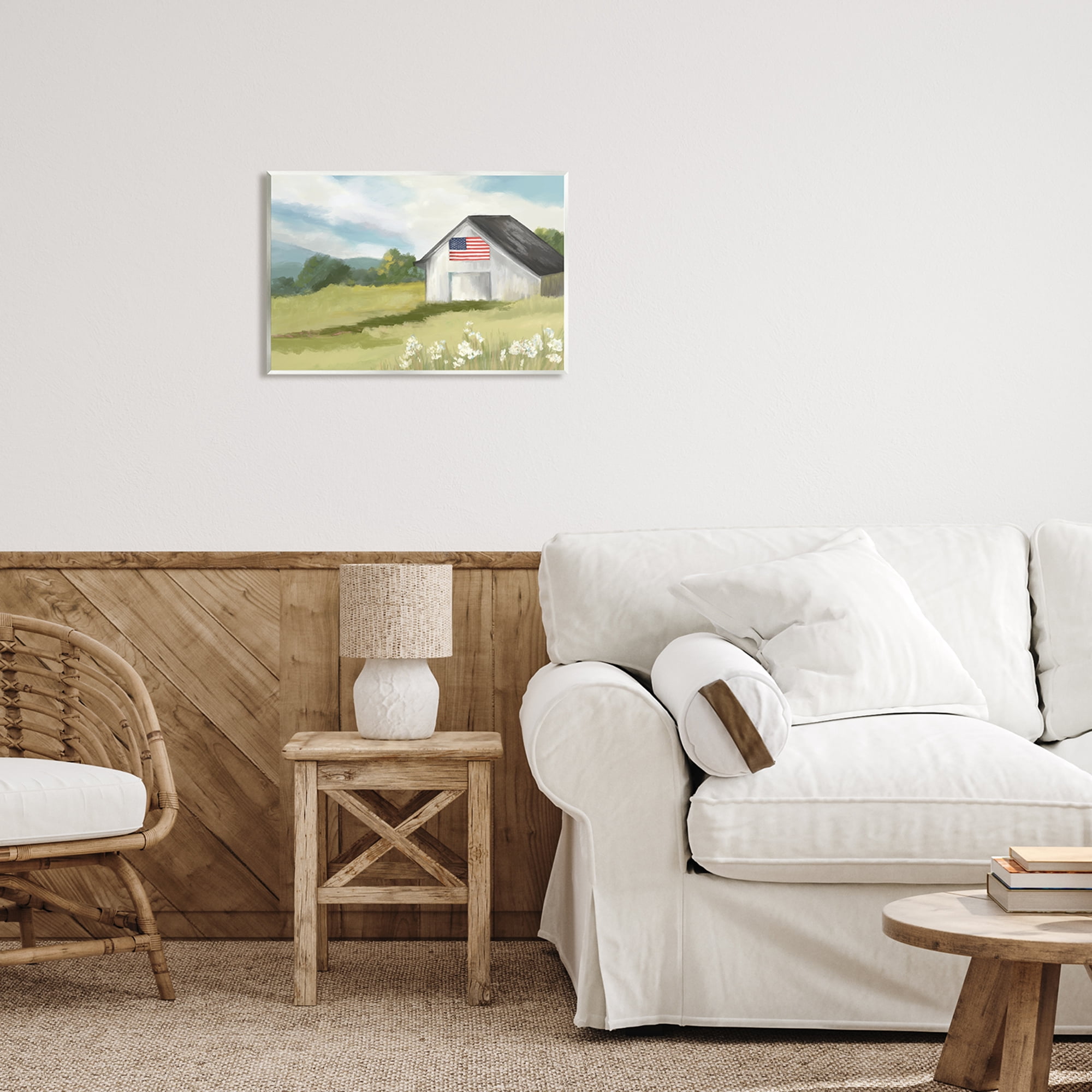 Stupell Industries American Flag on Barn Nature Painting Unframed Art Print Wall Art, 19 x 13