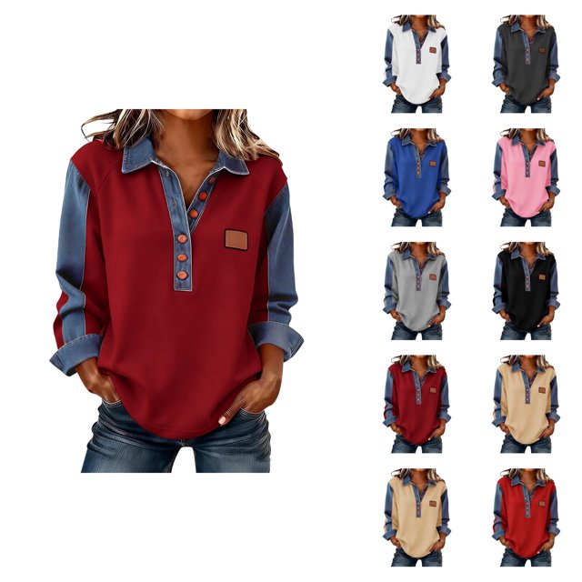 Women's Long Sleeve Shirts 2026 Spring Fashion Button V Neck Lapel Collared Denim Patchwork Casaul Shirts Blouse Tops
