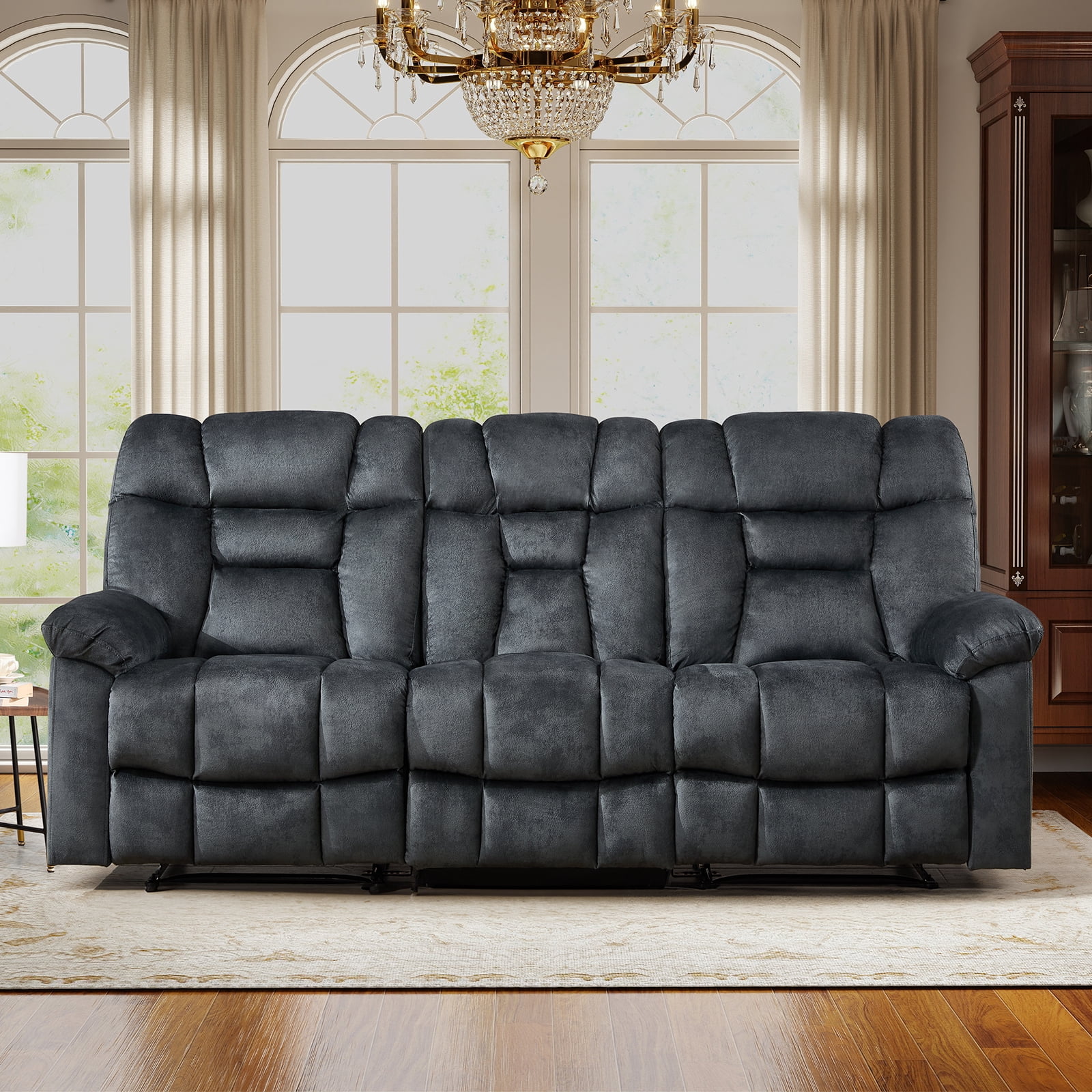 Bonzy Home Manual 3-Seat Reclining Sofa — Wide Backrests & Headrests, Gray