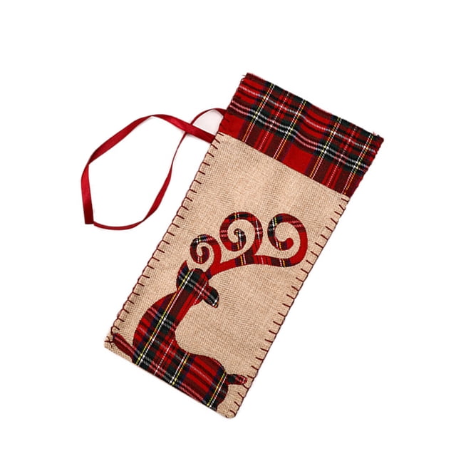 Inteprter Ropa de botella de vino de Navidad de rejilla roja, funda de cerveza con cordón, de comedor, funda de botella de vino de Navidad, bolsa de Kits de decoración para fiestas Alce Inteprter HA068796-02