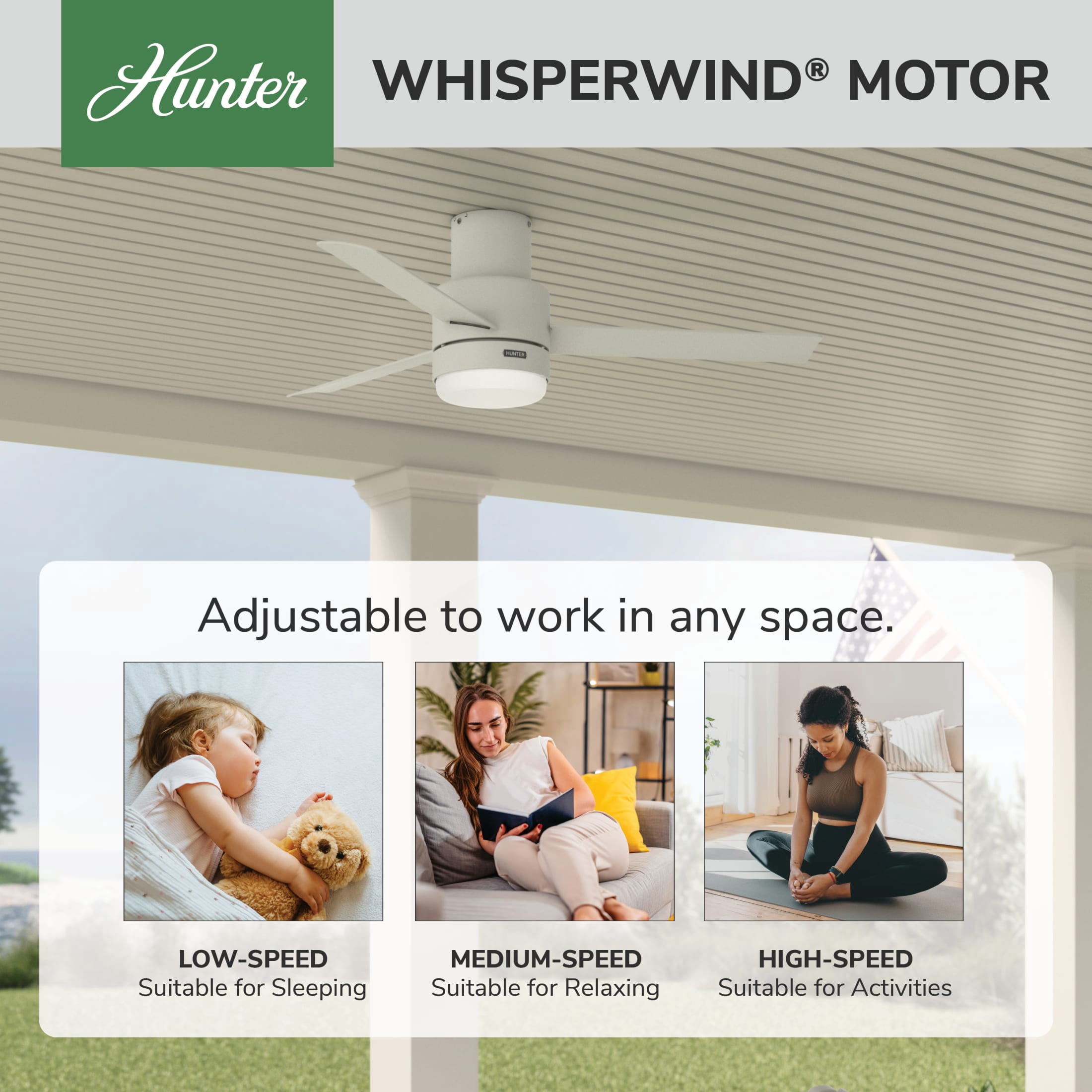 Hunter 52 inch Outdoor or Indoor Ceiling Fan with LED Light and Remote Control - Low Profile Mount Ceiling Fan, 3 Blades, For Patio, Porch, Garage, or Living Room, Quiet - Gilmour 51840, Matte White