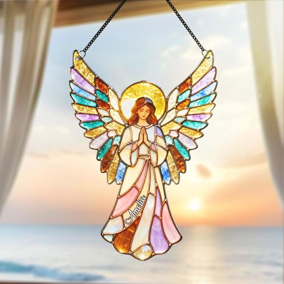 Angel Suncatcher Stained Glass – Custom Name Guardian Angel Home Decor Gift, Window Hanging, Memorial Gift for Mom, Spiritual Light Catcher