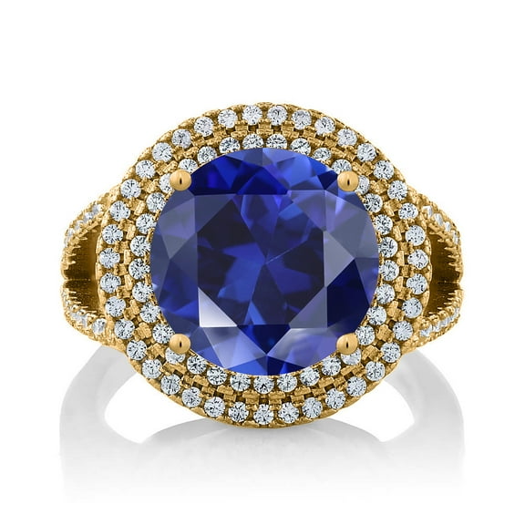 Gem Stone King 7.56 Ct Round Blue Simulated Sapphire 18K Yellow Gold Plated Silver Ring (Size 7)