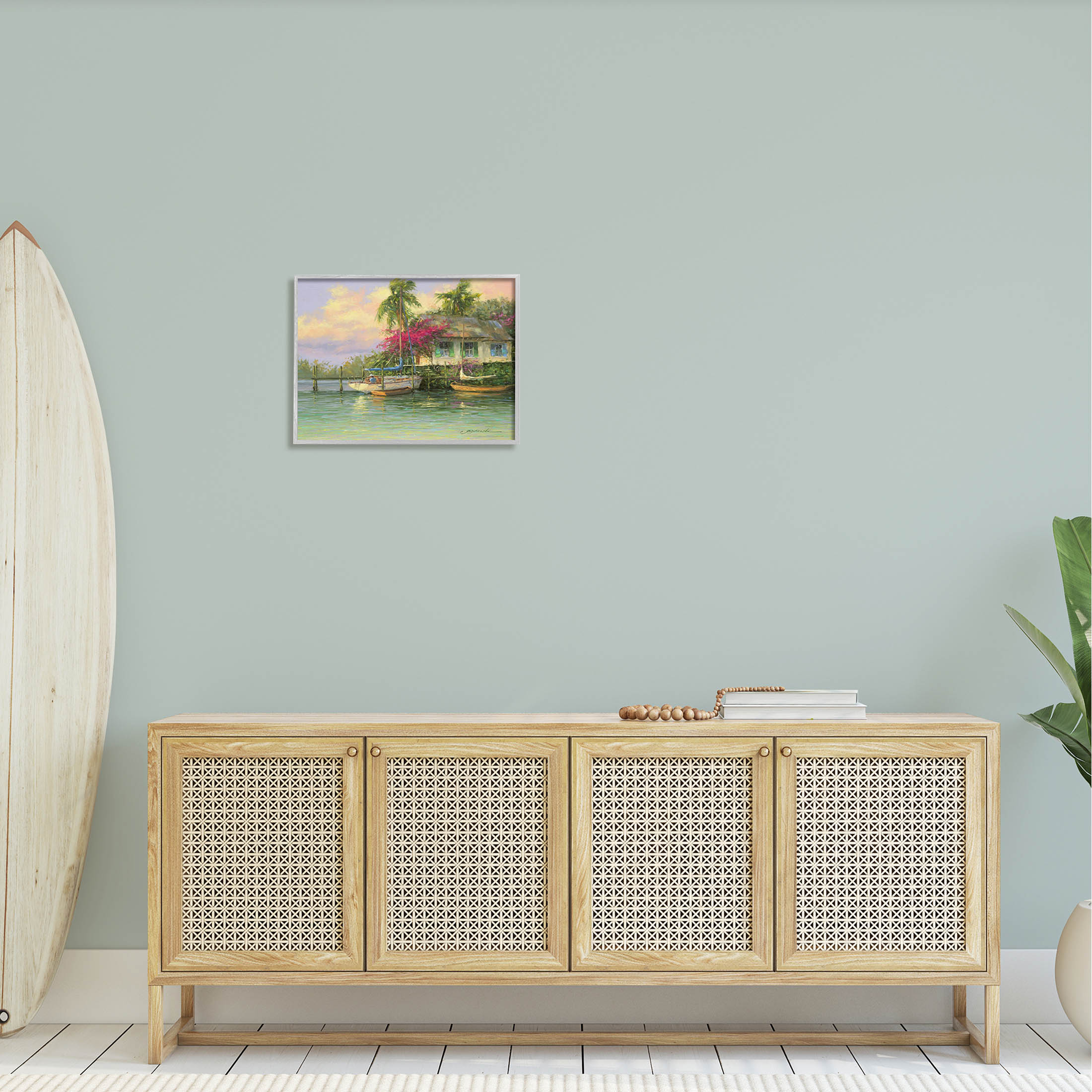Tropical Vacation Seaside House Landscape Painting Gray Framed Art Print Wall Art