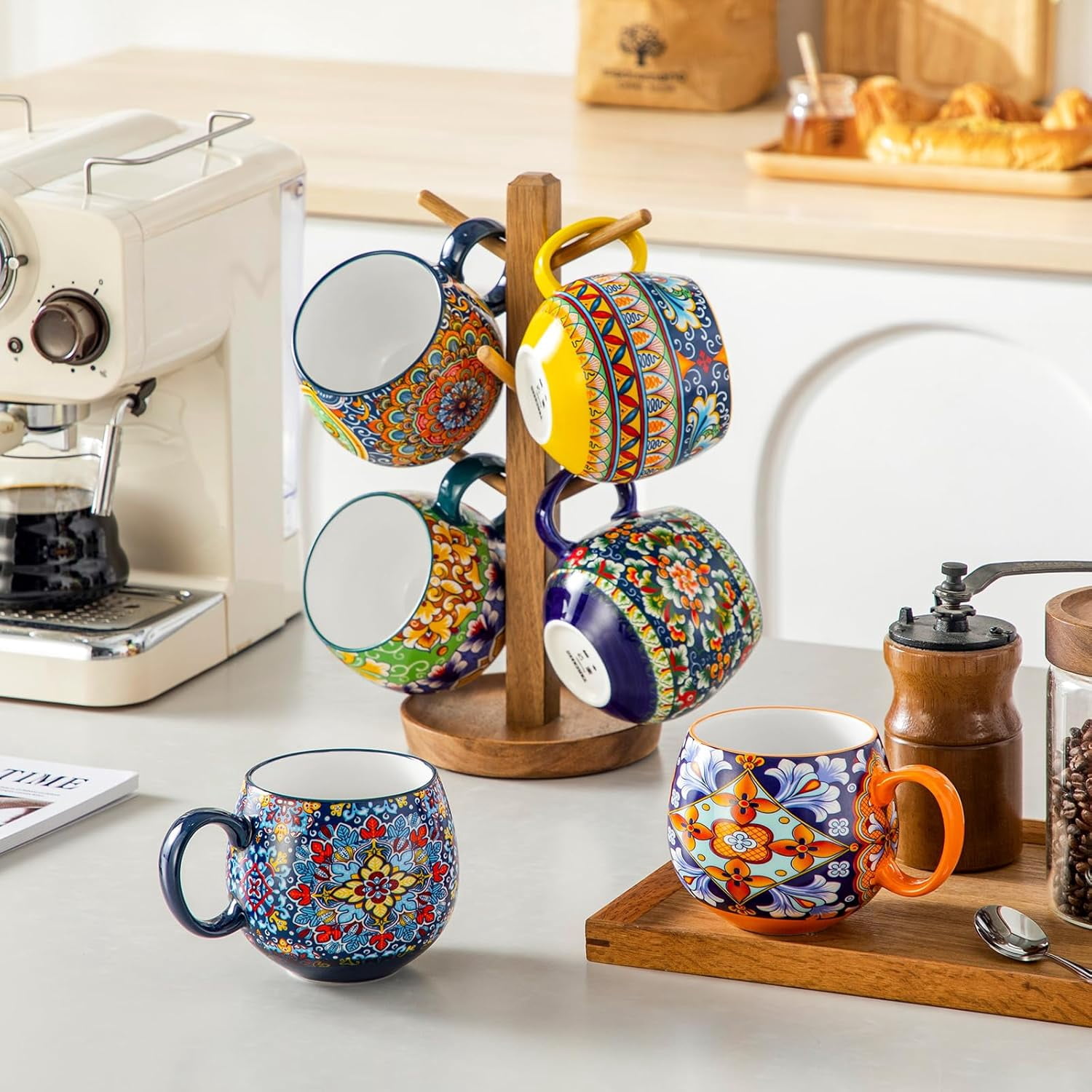 Ceramic Coffee Mug Set of 6, 16oz Porcelain Cups for Cappuccino, Latte, and Espresso, Colorful Boho Mugs with Handle, Rounded Design, Dishwasher and Microwave Safe
