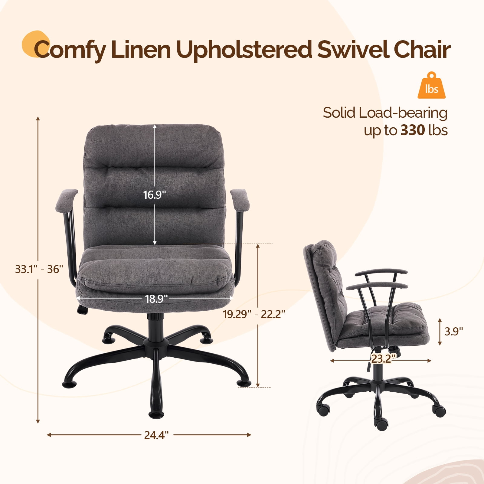 Ktaxon Office Chair with Armrests, Linen Fabric Desk Chair with Wheels, Swivel Task Chair for Study Room or Dressing Vanity Area Dark Gray