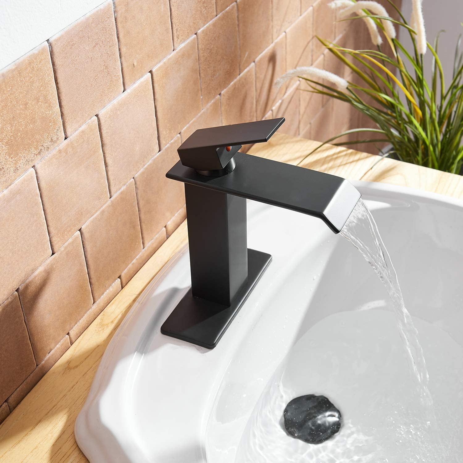 BWE Matte Black Bathroom Faucet Modern Waterfall Single Hole Bathroom Sink Faucet Parts Square Spout Bath Lavatory Vanity and Supply Hose Single Handle