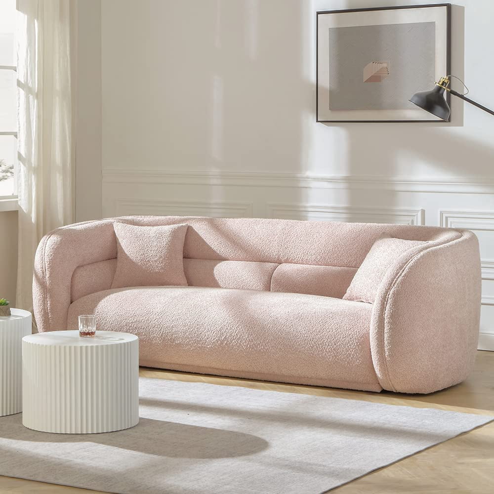 Williamspace 90.6" Modern Velvet Curved Sofa Couch,Luxury Boucle Fabric Sofa with 2 Throw Pillows for Living Room Apartment,Pink