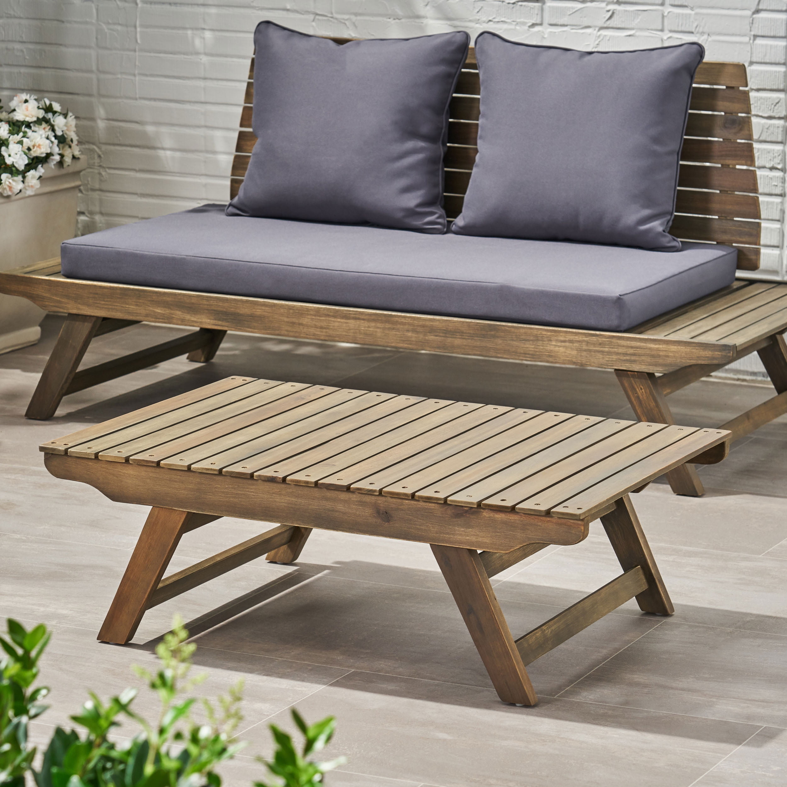 Outdoor Coffee Table, Acacia Wood Leisure Center Table for Patio Garden, Dark Gray