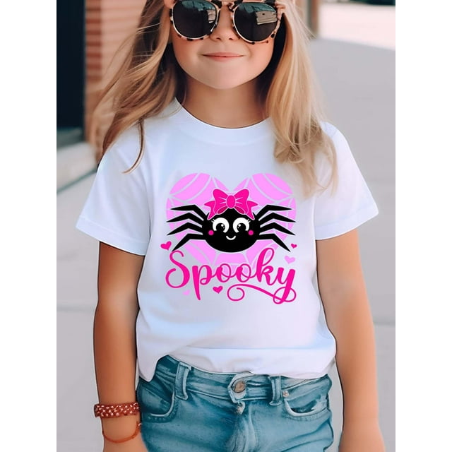 T-shirt Halloween - T-shirt Graphique Araignée Effrayant pour Filles - Col Rond Décontracté Manches Courtes Haut Tricoté pour Enfants, Coupe Régulière, 100 % Coton, Vêtements d'Été, Taille 12 et Moins T-Shirts à Manches Courtes pour Filles