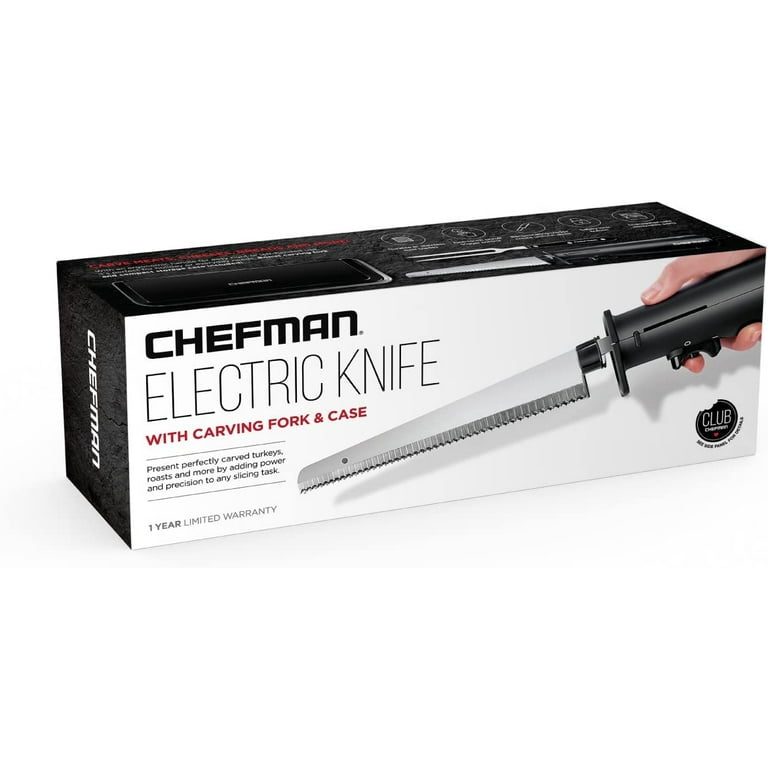  Chefman Electric Knife with Bonus Carving Fork & Space Saving  Storage Case Included One Touch, Durable 8 Inch Stainless Steel Blades,  Rubberized Black Handle, BPA Free, 120 Volts and Watts: Home