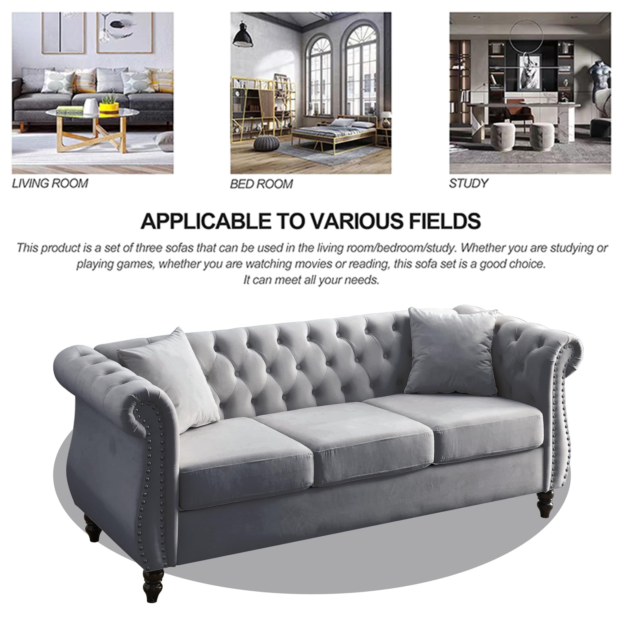 2 Piece Chesterfield Velvet Sofa, 80" 3-Seater and 59" Loveseat Sofa Set, Tufted Couch with 4 Pillows,Rolled Arms and Nailhead for Living Room, Bedroom, Office, Grey